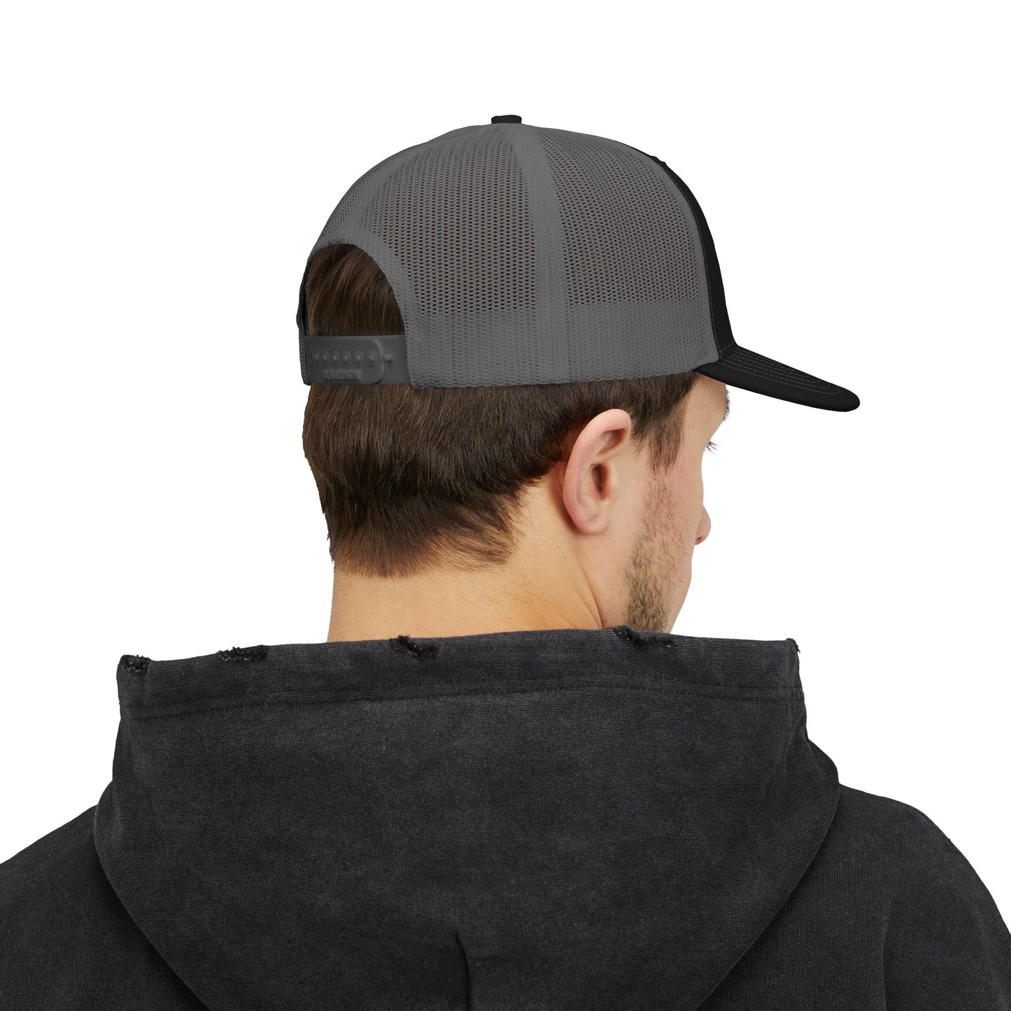Trucker Cap — 'HF' Hammer Logo Snapback Hat, Rugged Industrial Workwear