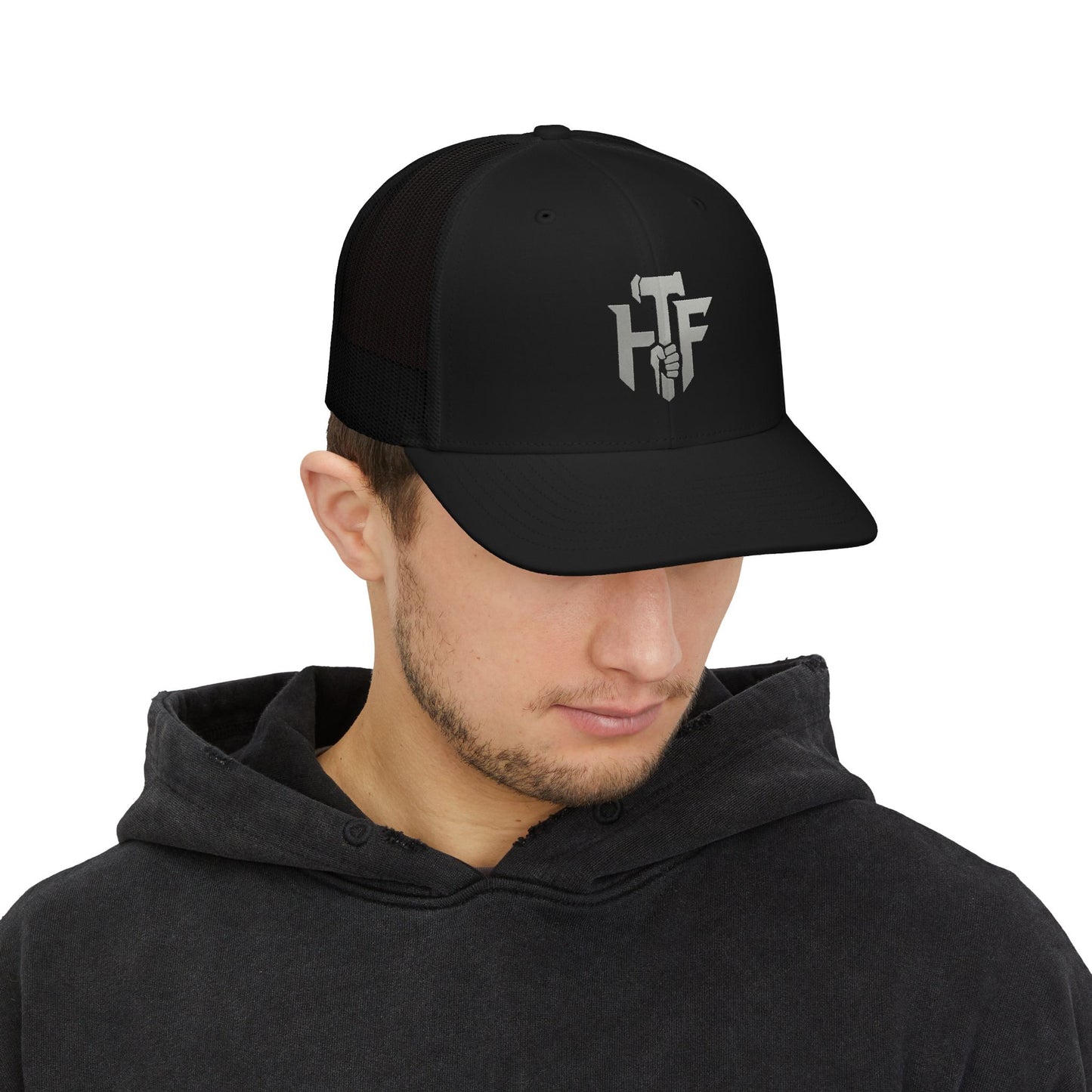 Trucker Cap — 'HF' Hammer Logo Snapback Hat, Rugged Industrial Workwear