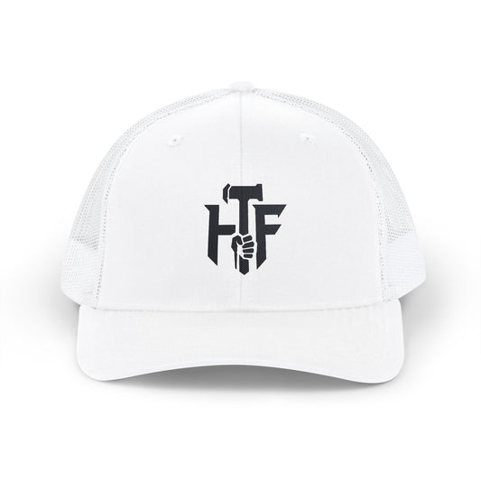 Trucker Cap — 'HF' Hammer Logo Snapback Hat, Rugged Industrial Workwear