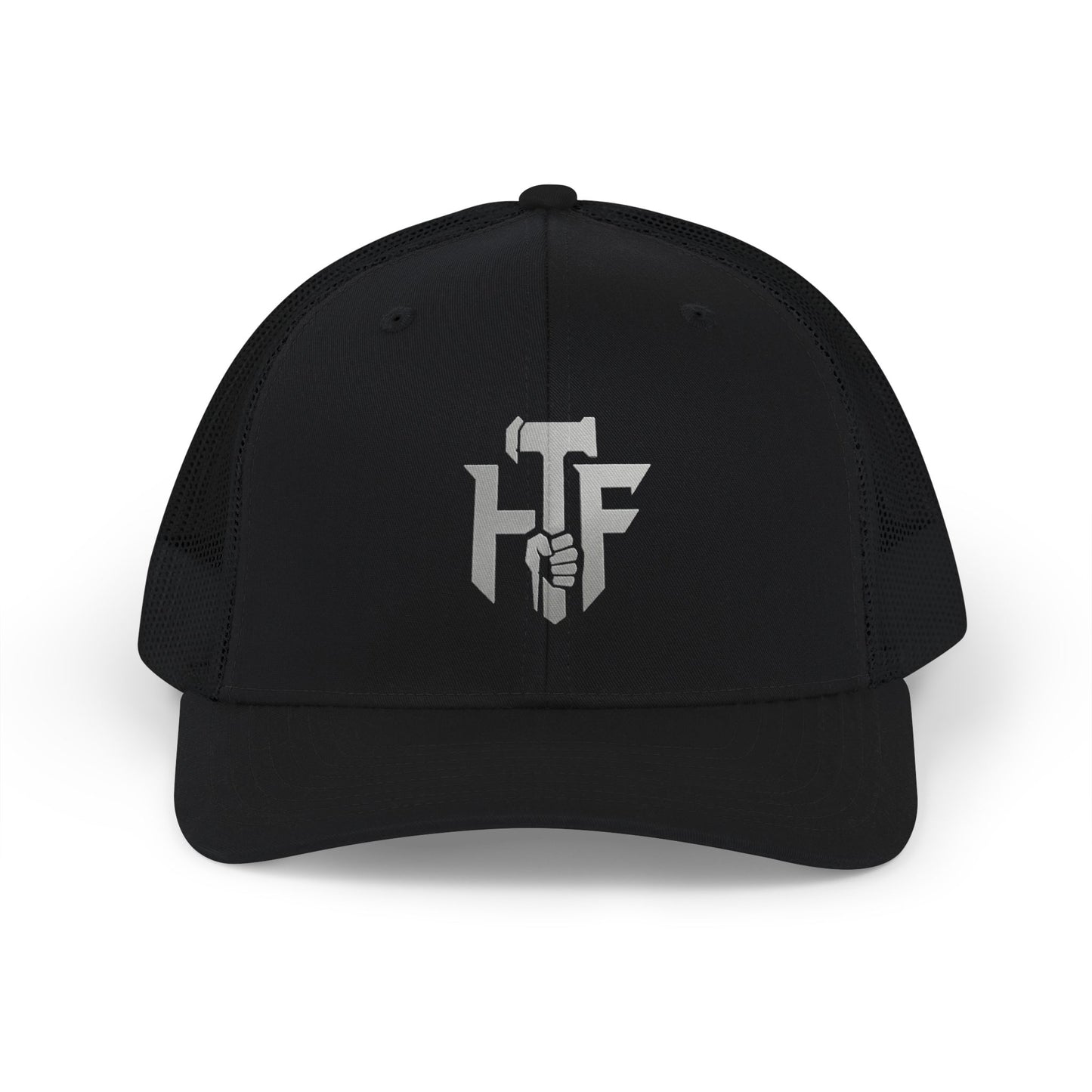 Trucker Cap — 'HF' Hammer Logo Snapback Hat, Rugged Industrial Workwear
