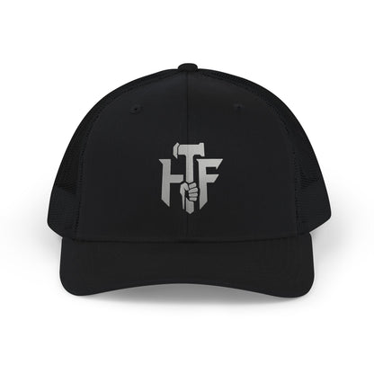 Trucker Cap — 'HF' Hammer Logo Snapback Hat, Rugged Industrial Workwear