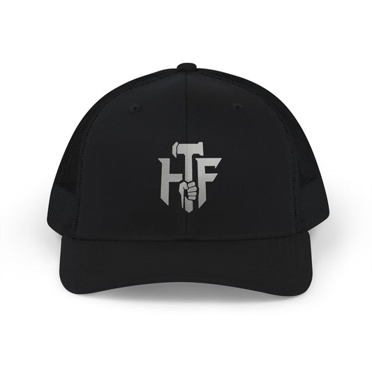 Trucker Cap — 'HF' Hammer Logo Snapback Hat, Rugged Industrial Workwear