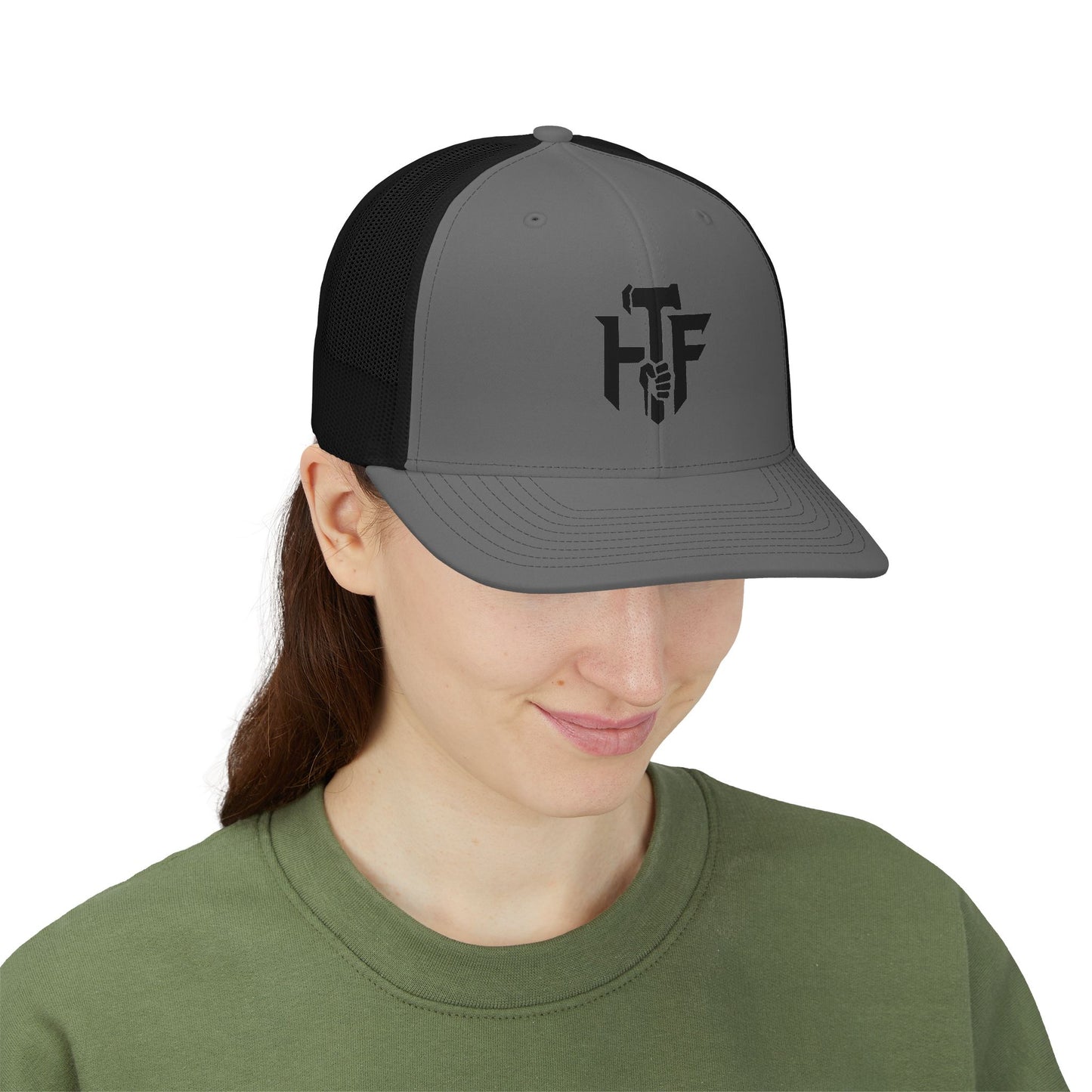 Trucker Cap — 'HF' Hammer Logo Snapback Hat, Rugged Industrial Workwear