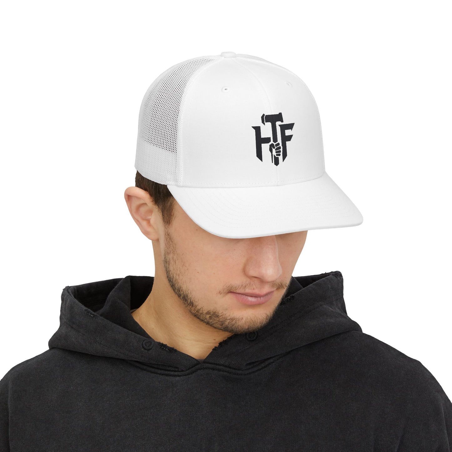 Trucker Cap — 'HF' Hammer Logo Snapback Hat, Rugged Industrial Workwear