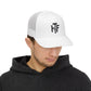 Trucker Cap — 'HF' Hammer Logo Snapback Hat, Rugged Industrial Workwear