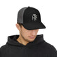 Trucker Cap — 'HF' Hammer Logo Snapback Hat, Rugged Industrial Workwear