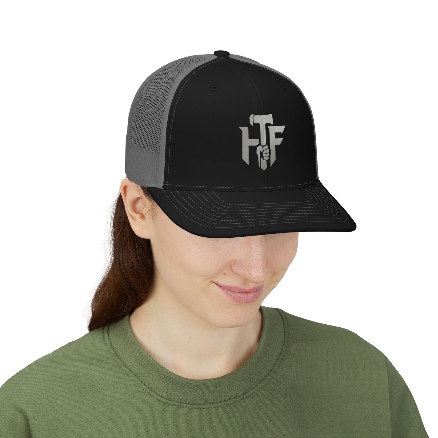 Trucker Cap — 'HF' Hammer Logo Snapback Hat, Rugged Industrial Workwear