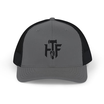 Trucker Cap — 'HF' Hammer Logo Snapback Hat, Rugged Industrial Workwear