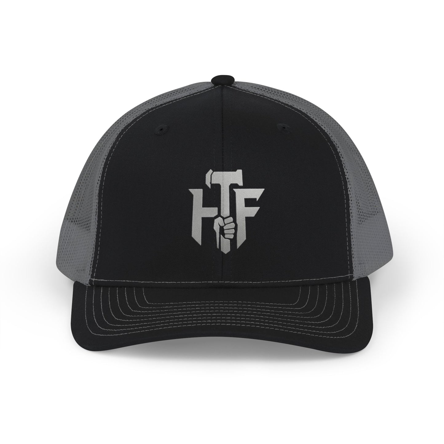 Trucker Cap — 'HF' Hammer Logo Snapback Hat, Rugged Industrial Workwear