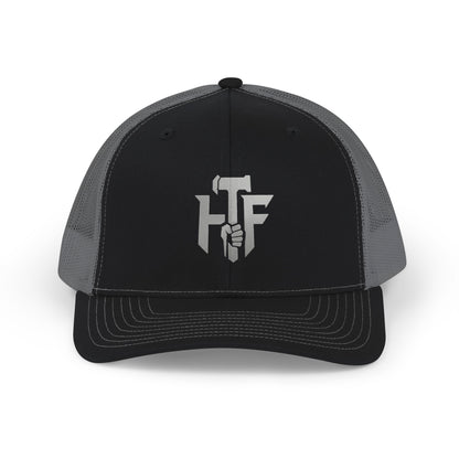 Trucker Cap — 'HF' Hammer Logo Snapback Hat, Rugged Industrial Workwear
