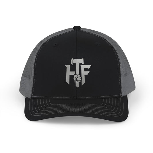 Trucker Cap — 'HF' Hammer Logo Snapback Hat, Rugged Industrial Workwear