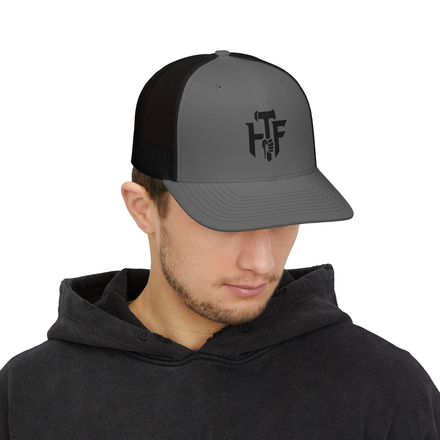 Trucker Cap — 'HF' Hammer Logo Snapback Hat, Rugged Industrial Workwear