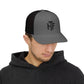 Trucker Cap — 'HF' Hammer Logo Snapback Hat, Rugged Industrial Workwear
