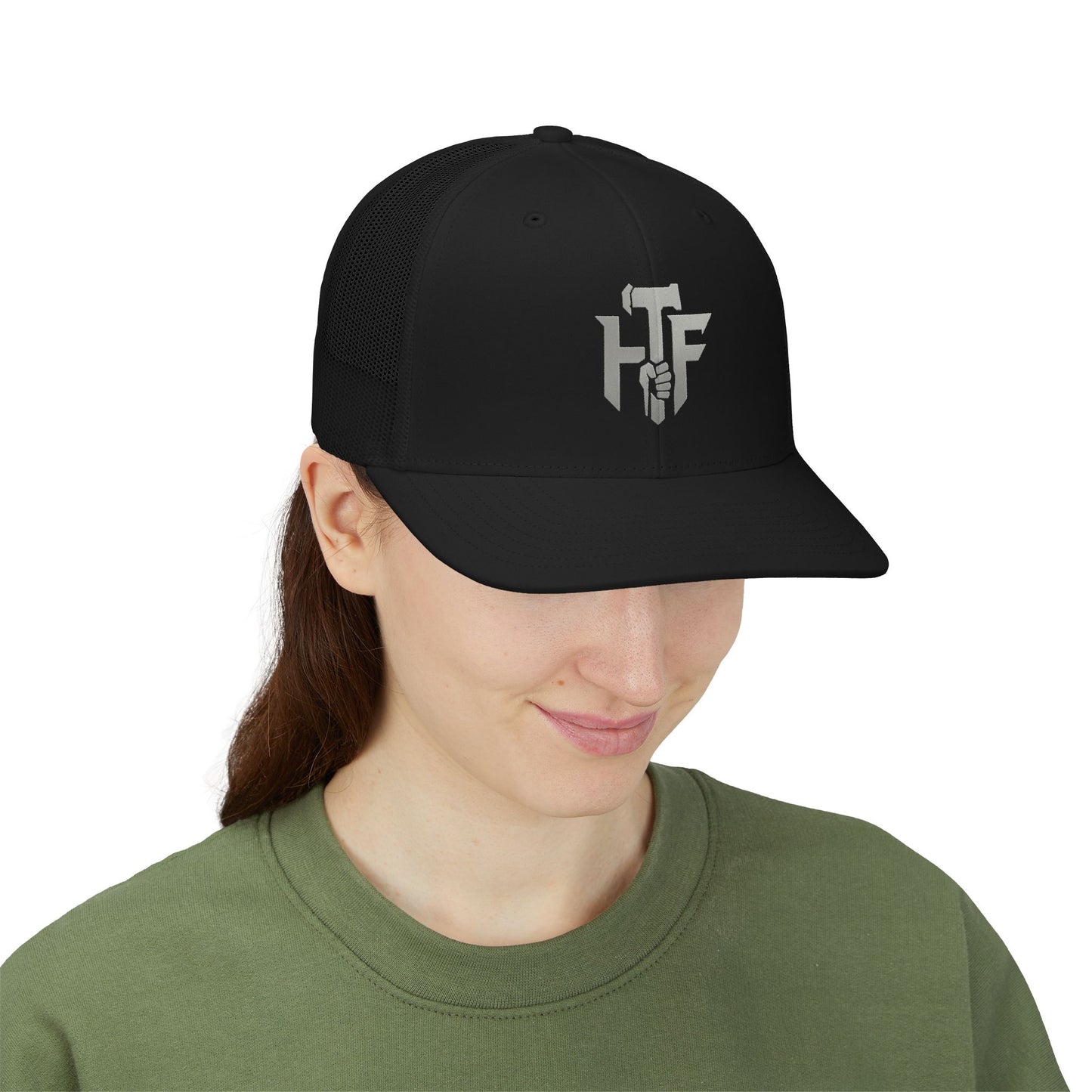 Trucker Cap — 'HF' Hammer Logo Snapback Hat, Rugged Industrial Workwear