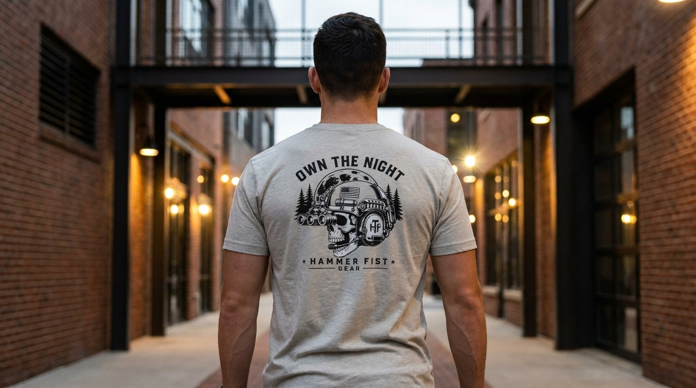 Own the Night camper skull illustration T-shirt | Hammer Fist logo