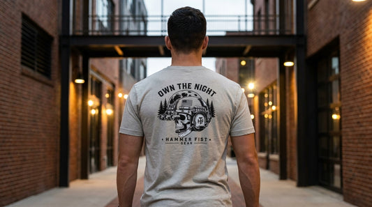 Own the Night camper skull illustration T-shirt | Hammer Fist logo