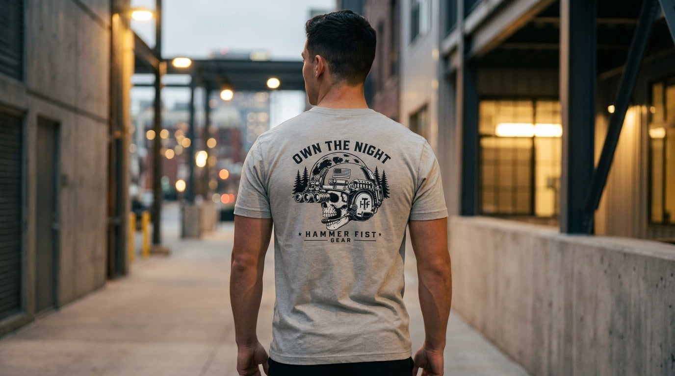 Own the Night camper skull illustration T-shirt | Hammer Fist logo