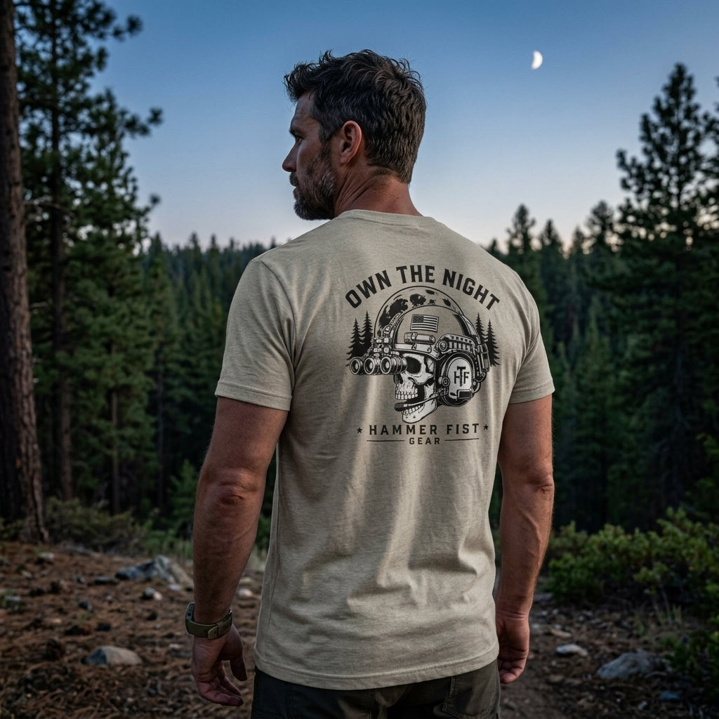 Own the Night camper skull illustration T-shirt | Hammer Fist logo